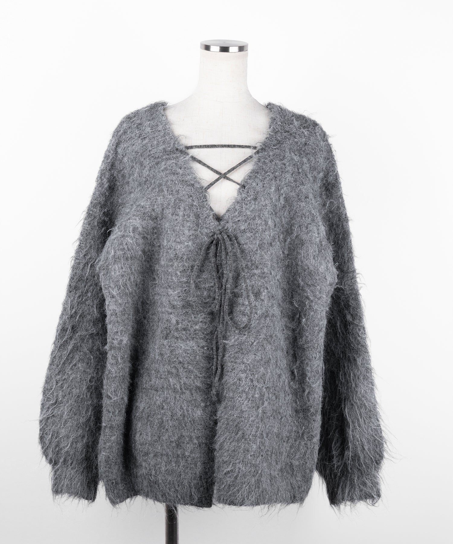 レースアップリボンオーバーシャギーニットカーディガン / lace up ribbon over shaggy knit cardigan