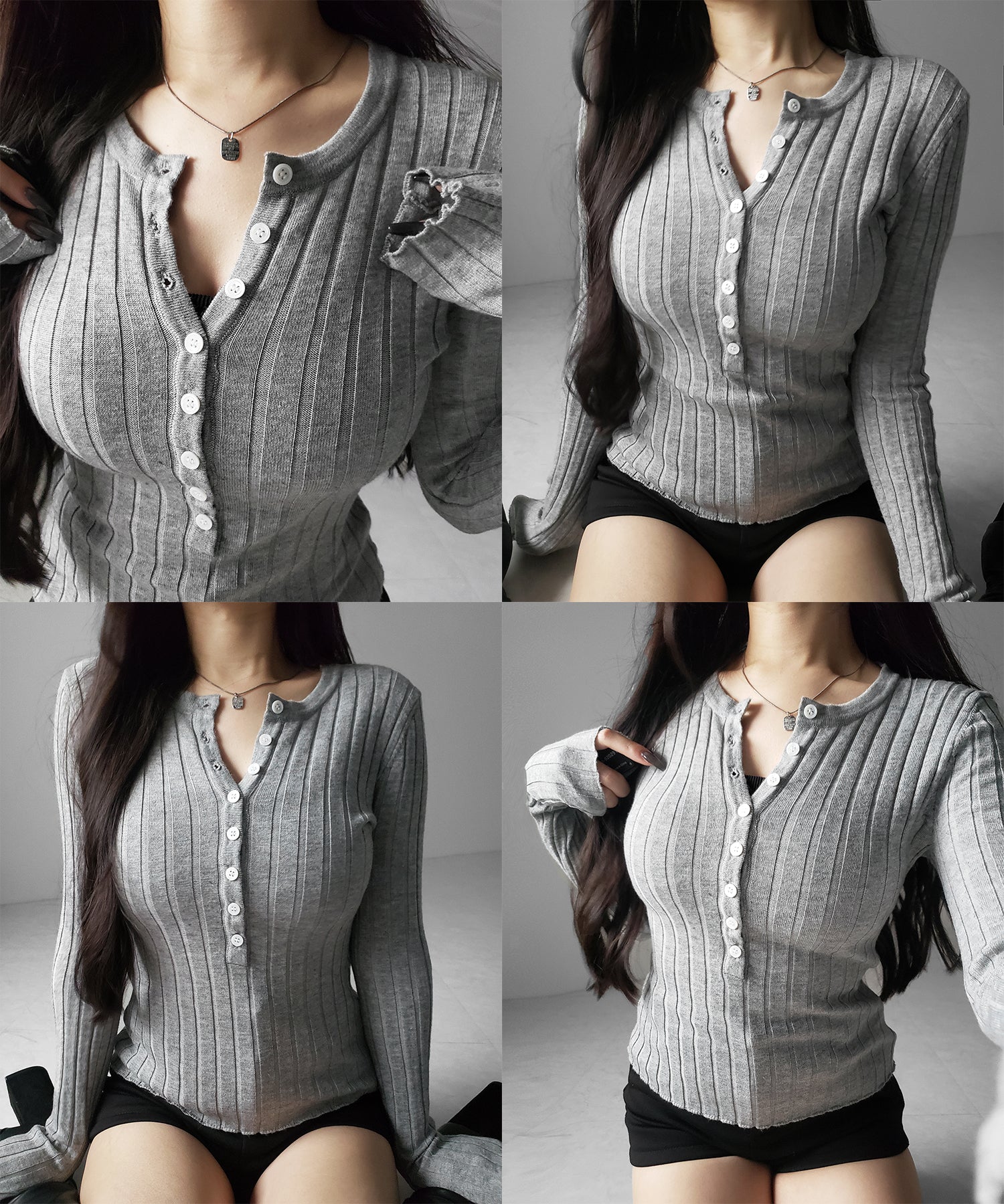 スリムフィットヘンリーネックリブトップス / slim fit henley neck ribbed tops