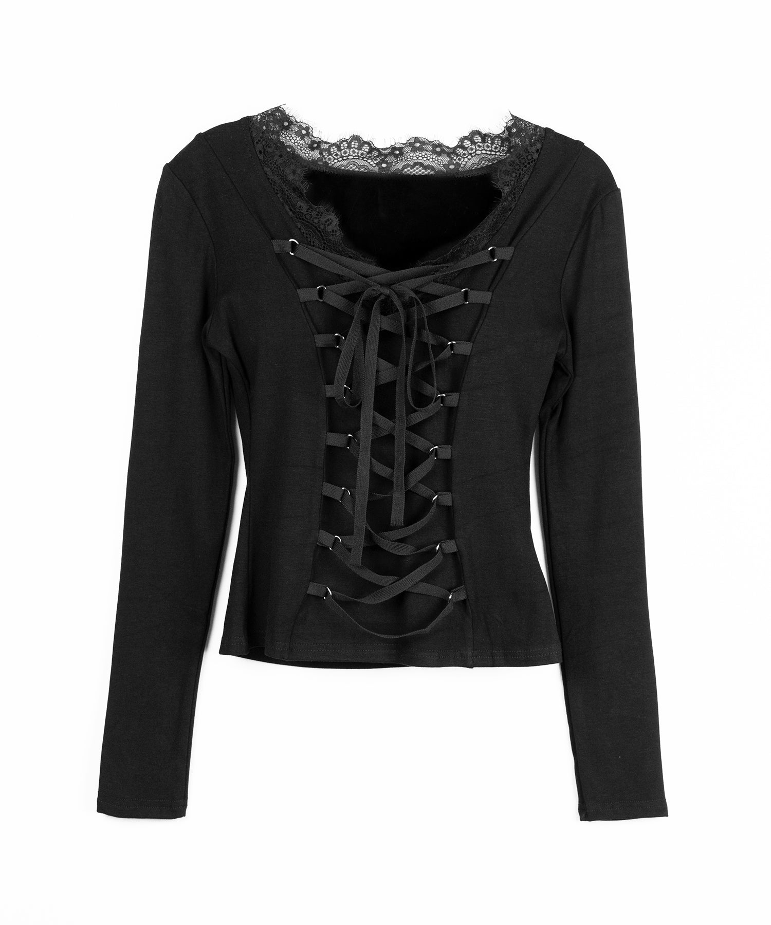 【 クロスネックにできる2WAY 】フロントリボンレースアップスリムカットソートップス / 2WAY front ribbon lace up slim cutsew tops