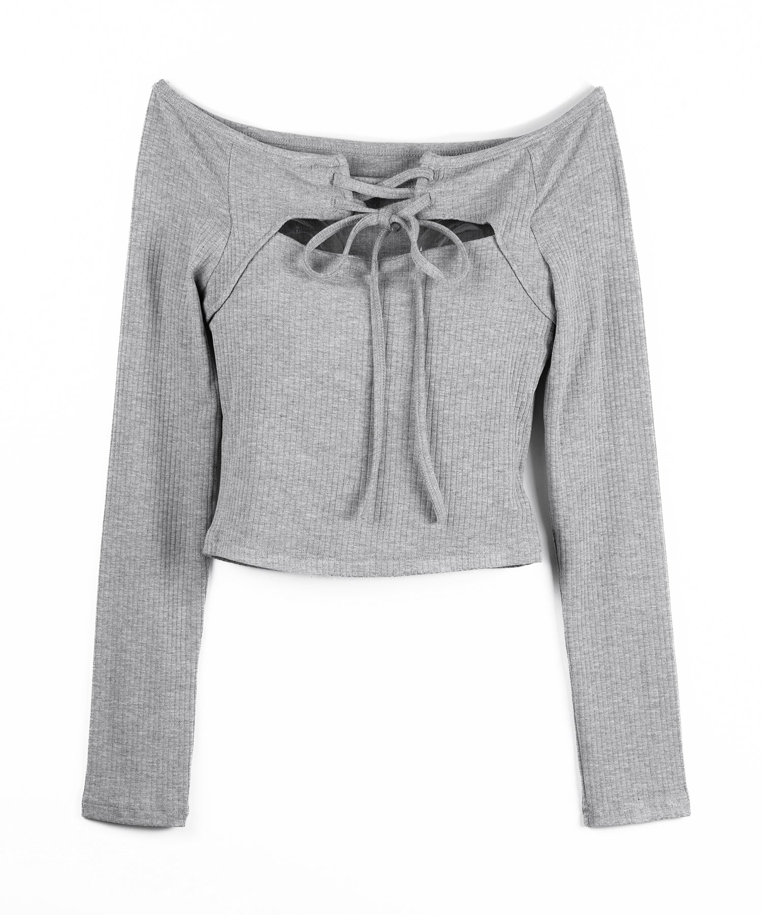 レースアップリボンカットアウトオフショルリブロンT / lace up ribbon cutout offshoulder ribbed long T-shirt