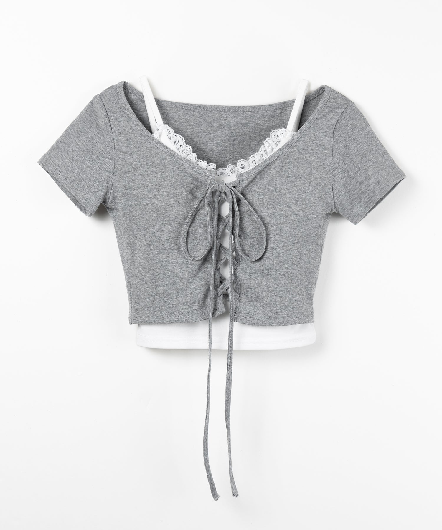 半袖レースアップリボンショートトップス + レースキャミ SET / lace up ribbon short sleeve tops + lace cami SET