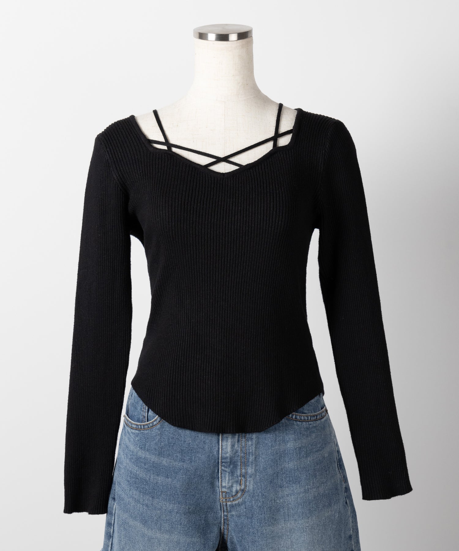 クロスラインストラップデザインリブニット