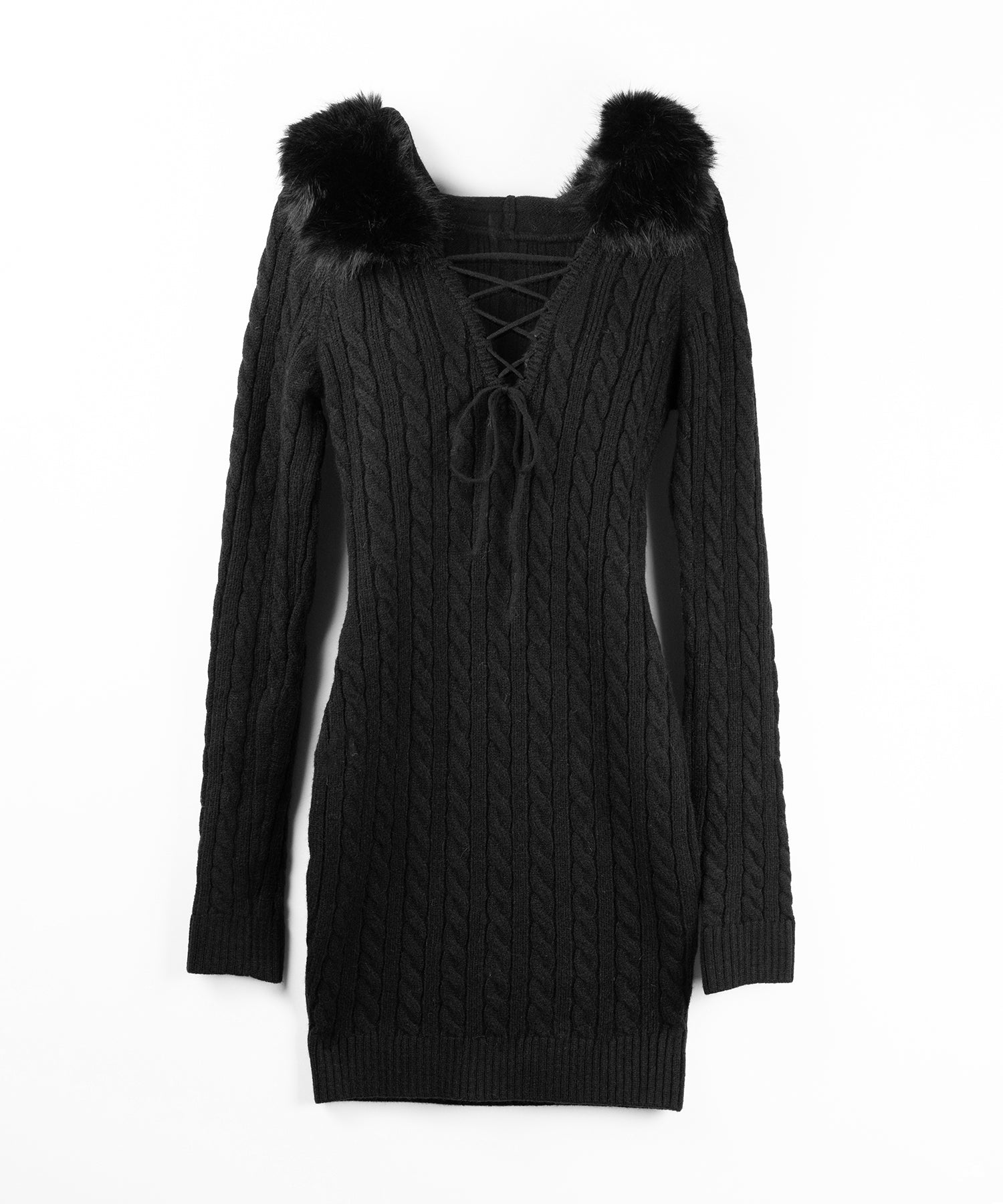 ファーフーディレースアップレディニットミニワンピース / fur hoodie lace up lady knit mini onepiece