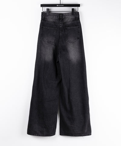 サテンリボンレースアップワイドデニムパンツ / satin ribbon lace up wide denim pants
