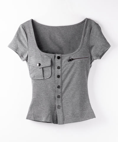 アウトポケットスクエアネックスリムTシャツ /Out pocket square neck slim T-shirt