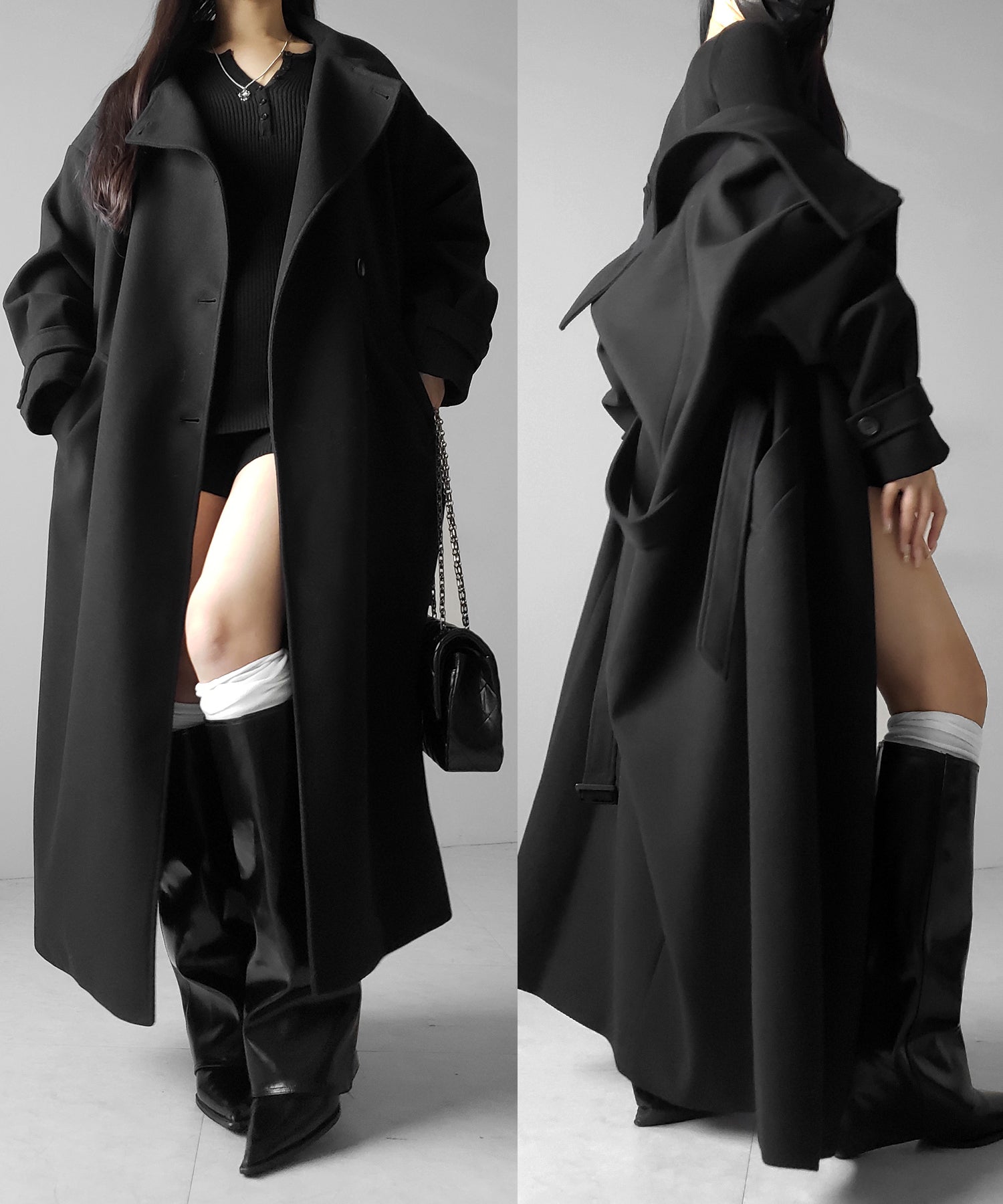 【 ウエストマークベルトSET 】2WAY スタンドカラーレディメルトントレンチロングコート / 2WAY stand collar lady melton trench long coat