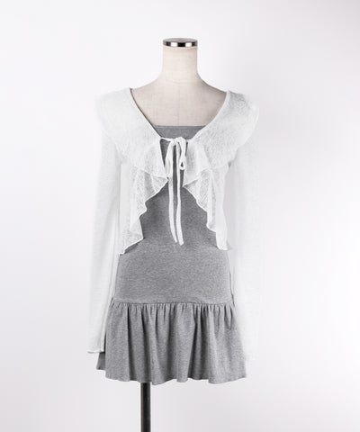 【 2点セット 】フレアキャミワンピ &シアーフリルリボンカーディガン ワンホンセットアップ / flare camisole onepiece & sheer frill ribbon cardigan wanghong SETUP