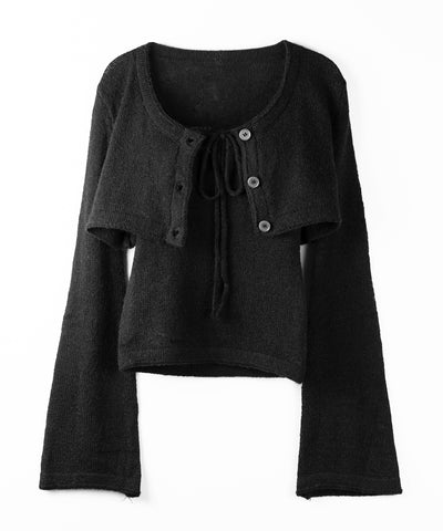 【 2点セット 】フロントリボンニットベアトップ + 長袖ショートカーディガン SET / front ribbon knit bare top + long sleeve short cardigan set