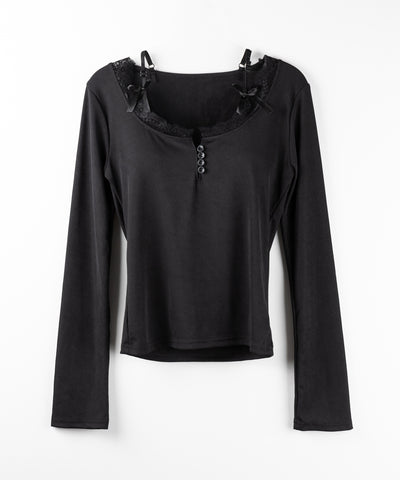 ストラップダブルリボンレースカットソートップス / strap double ribbon lace cutsew tops