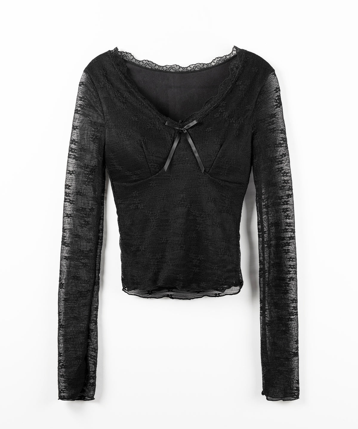 フロントリボンVネックレイヤードレーストップス / front ribbon v-neck layered lace tops