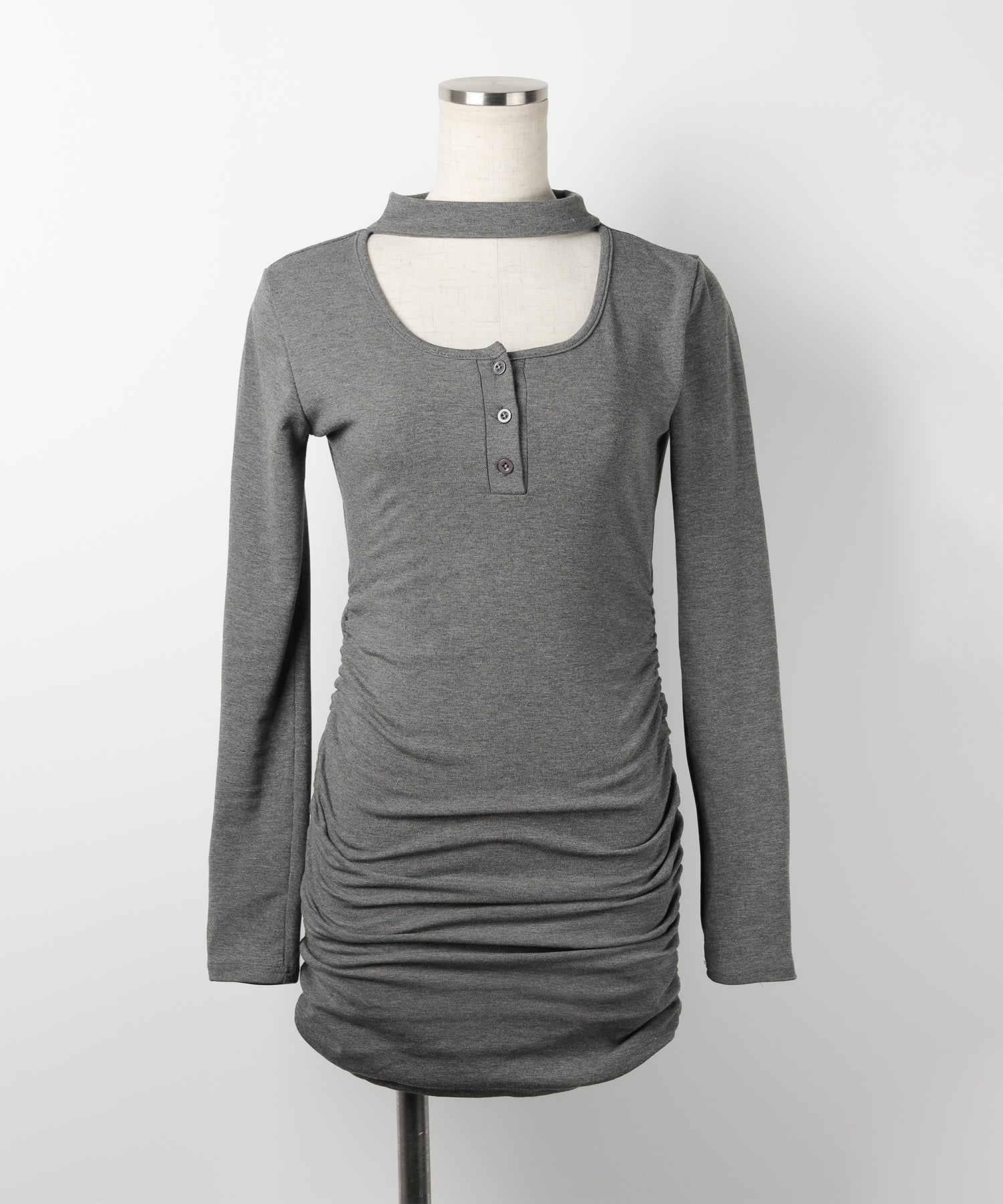 【 3color / 裏起毛 】チョーカーネックシャーリングミニワンピース / choker neck shirring mini onepiece