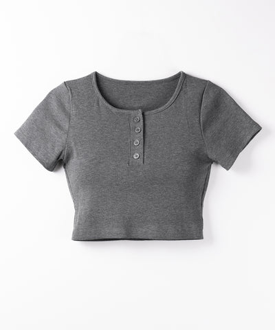 ヘンリーネック半袖ショートリブTシャツ /henley neck short sleeve short lib T-shirt