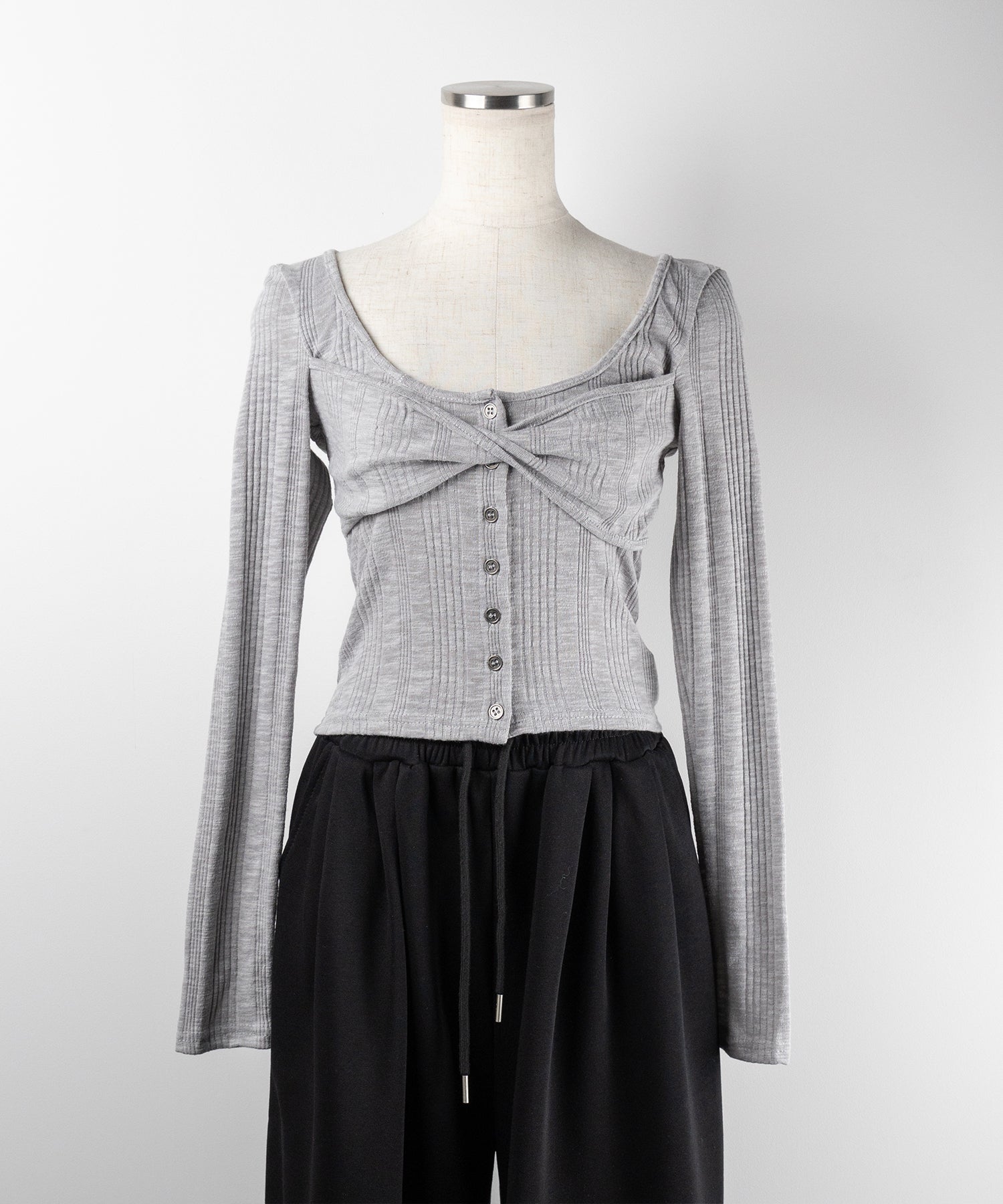【 3color 】フロントボタンオープンネックリブカットソートップス / front button open neck ribbed cutsew tops