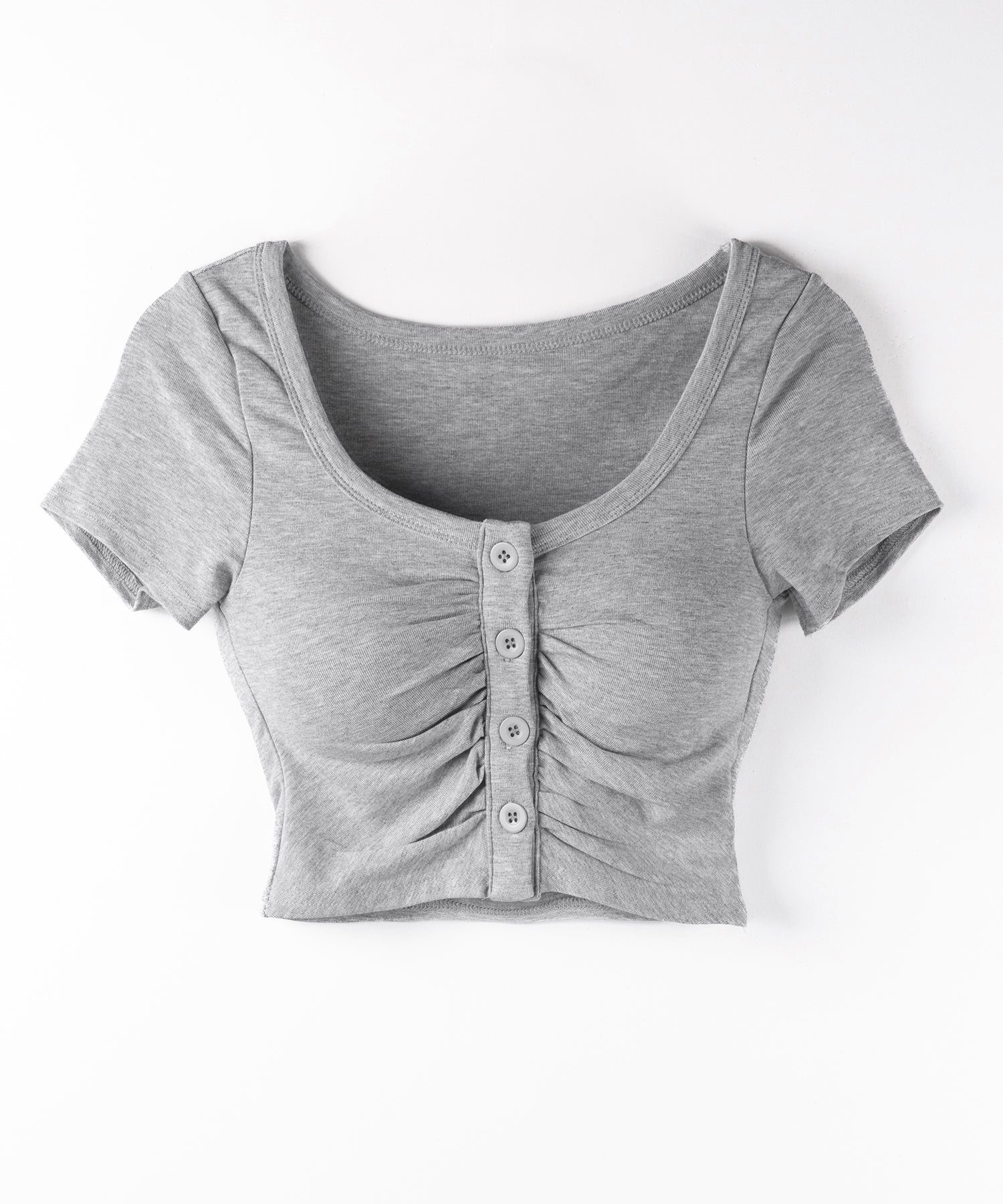 フロントボタンスクエアネックギャザースリムTシャツ / front button square neck gather slim T-shirt