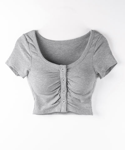 フロントボタンスクエアネックギャザースリムTシャツ / front button square neck gather slim T-shirt