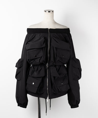 【 セットアップ 】アウトポケットオフショルカーゴブルゾン & ダブルジップカーゴミニスカート SET / out pocket off shoulder cargo blouson & double zip cargo mini skirt SET