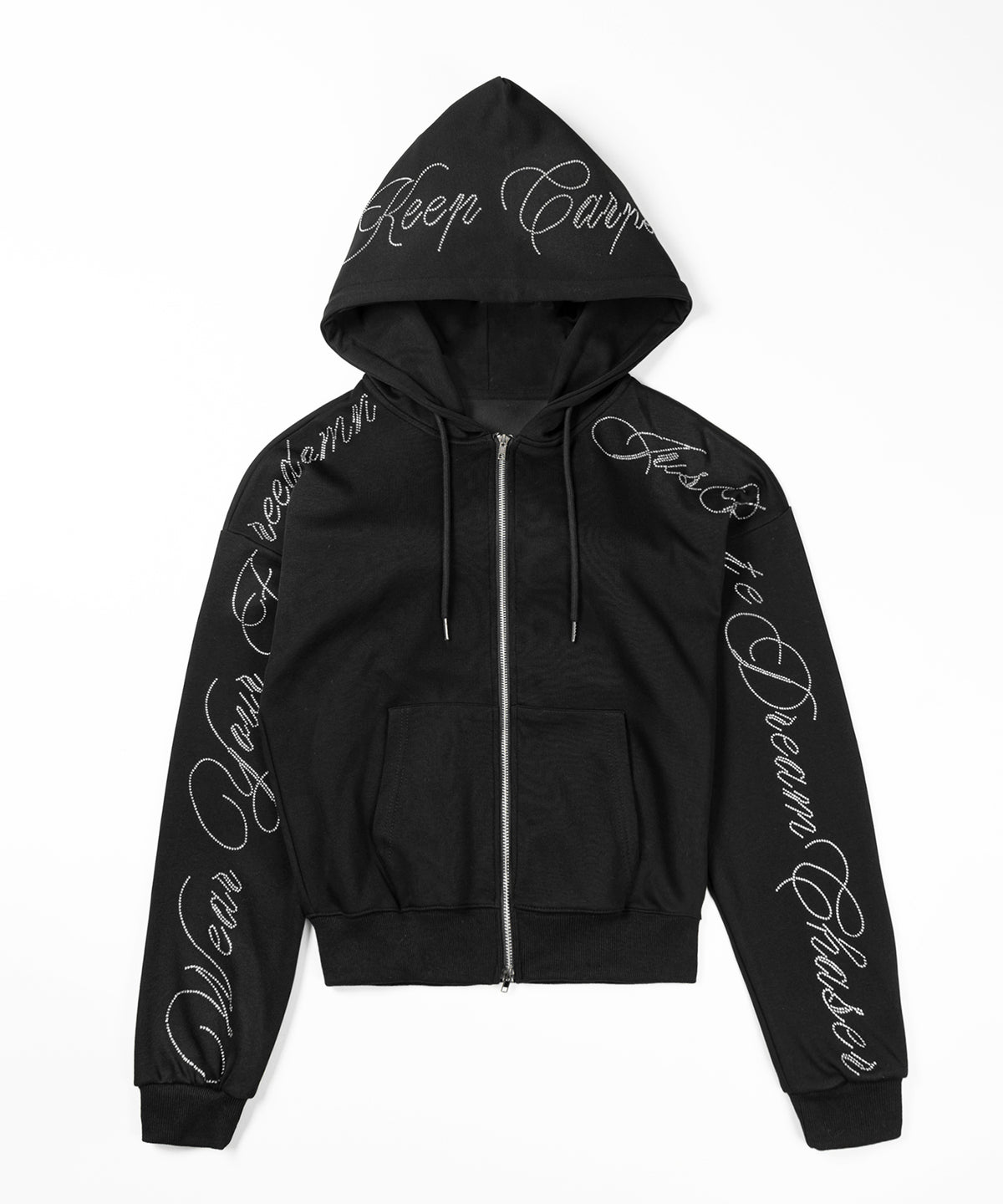 【 セットアップ可能 】ラインストーンロゴダブルジップパーカー / Rhine stone logo double zip hoodie