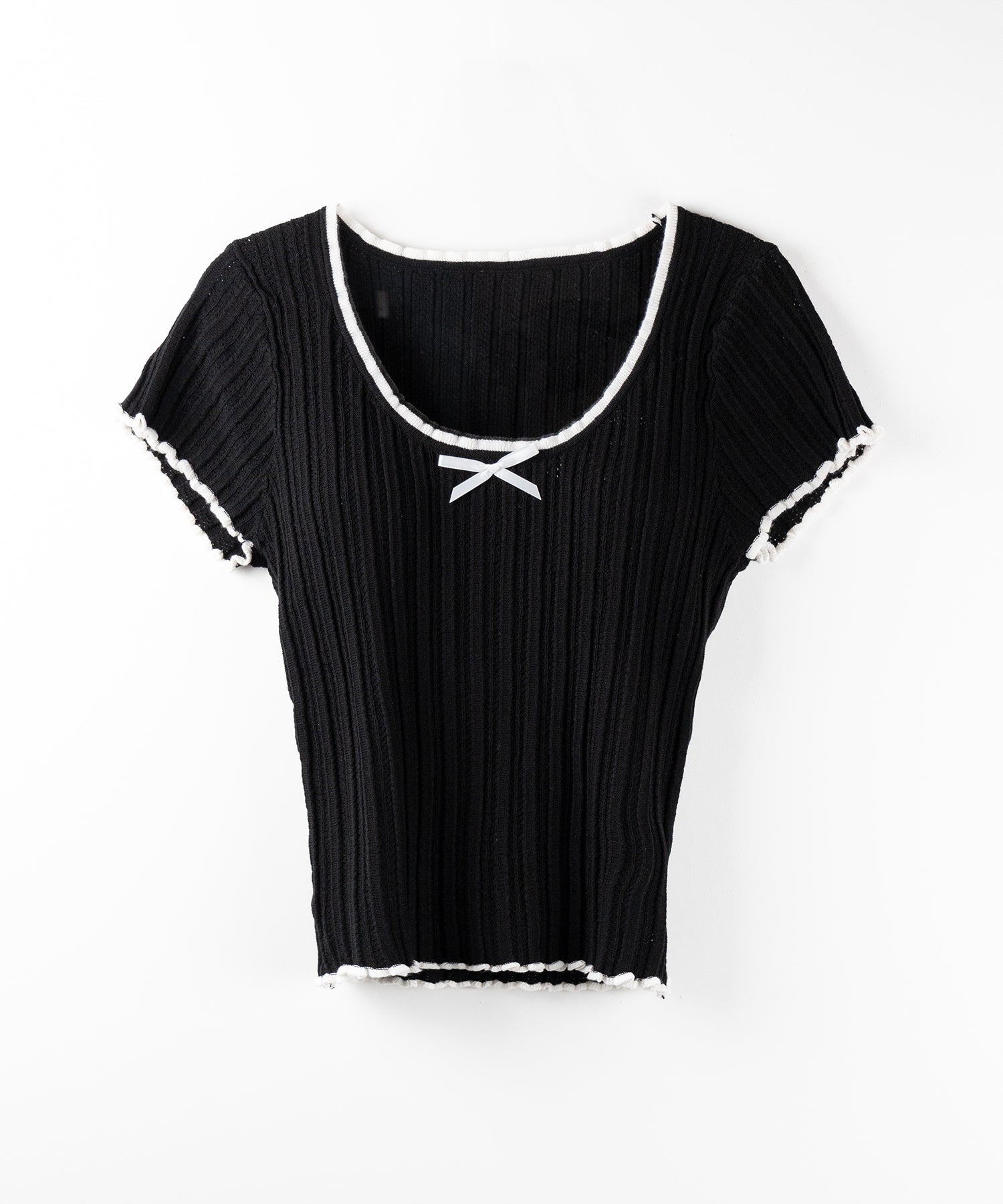 ミニリボンオープンネック半袖ニットトップス / mini ribbon open neck short sleeve knit tops