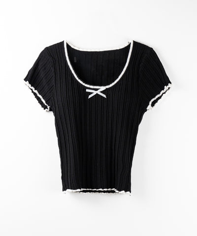 ミニリボンオープンネック半袖ニットトップス / mini ribbon open neck short sleeve knit tops