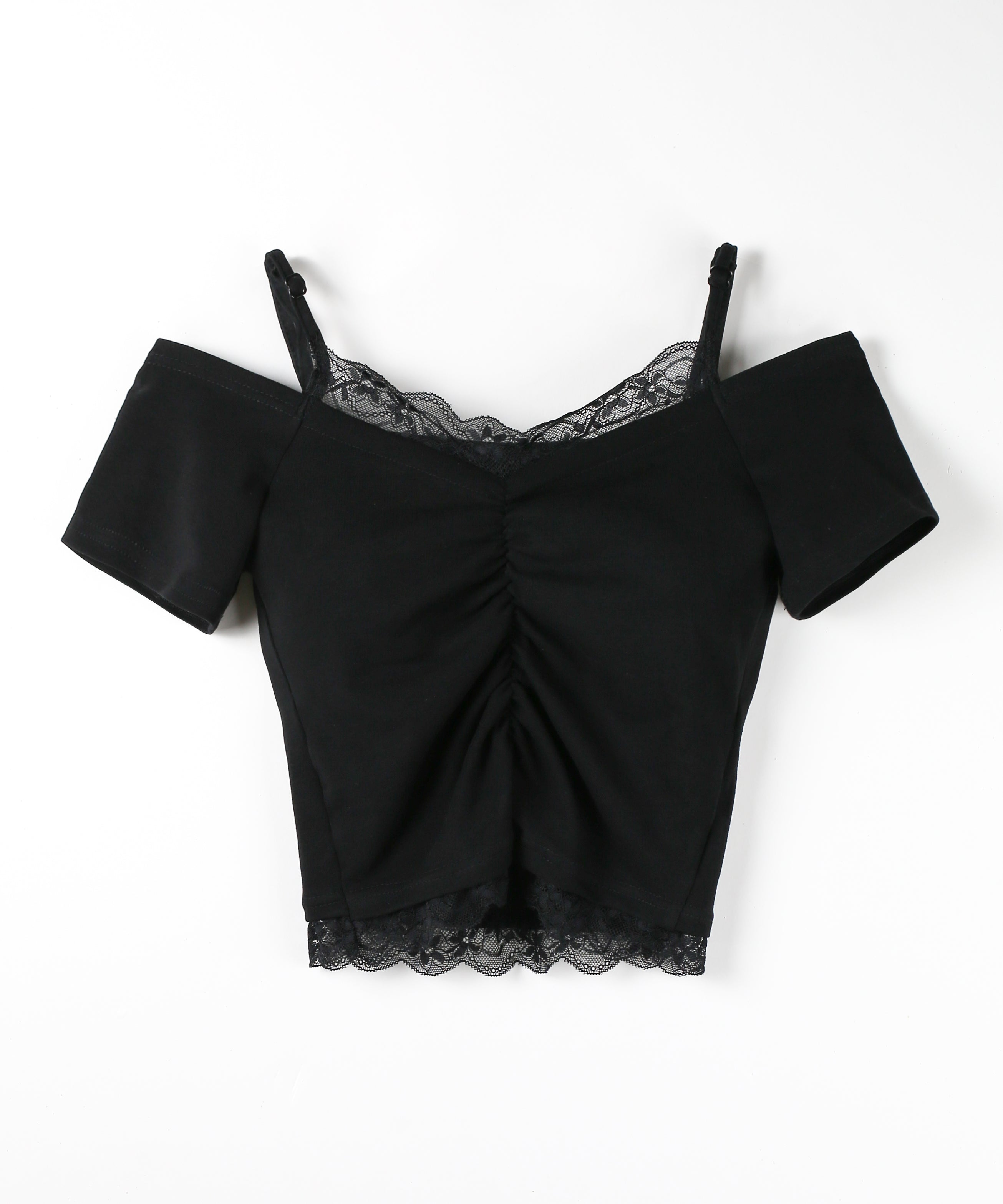 レースドッキングシャーリング半袖オフショルトップス / lace docking shirring short-sleeved off-shoulder tops