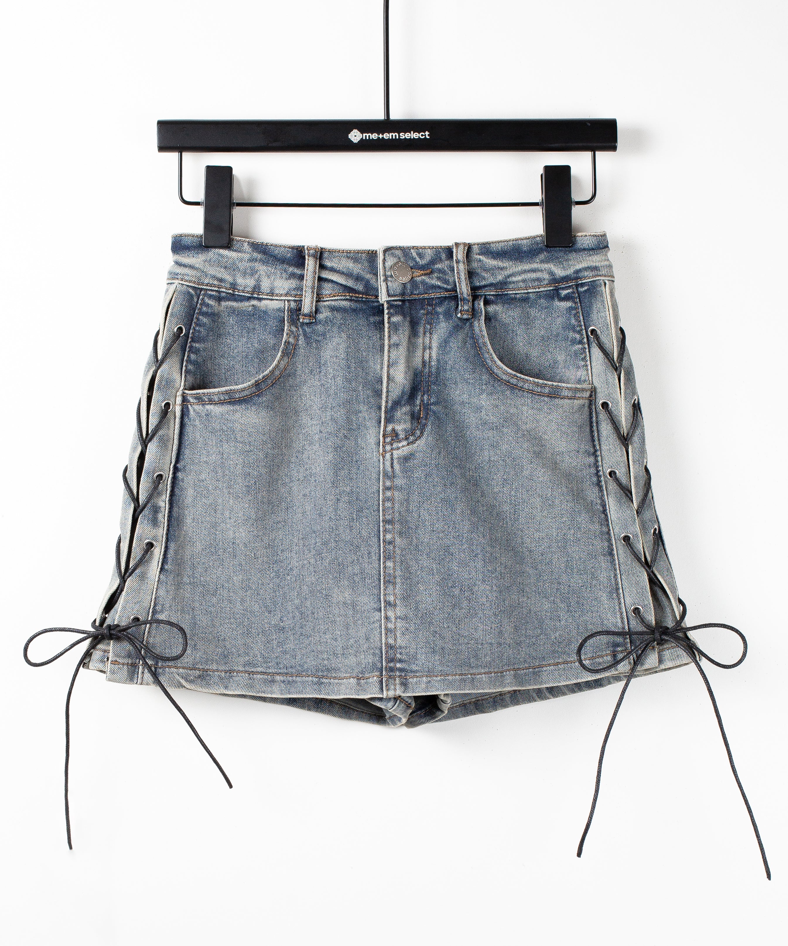 レースアップストレッチデニムミニスカパン / lace up stretch denim mini skirt pants