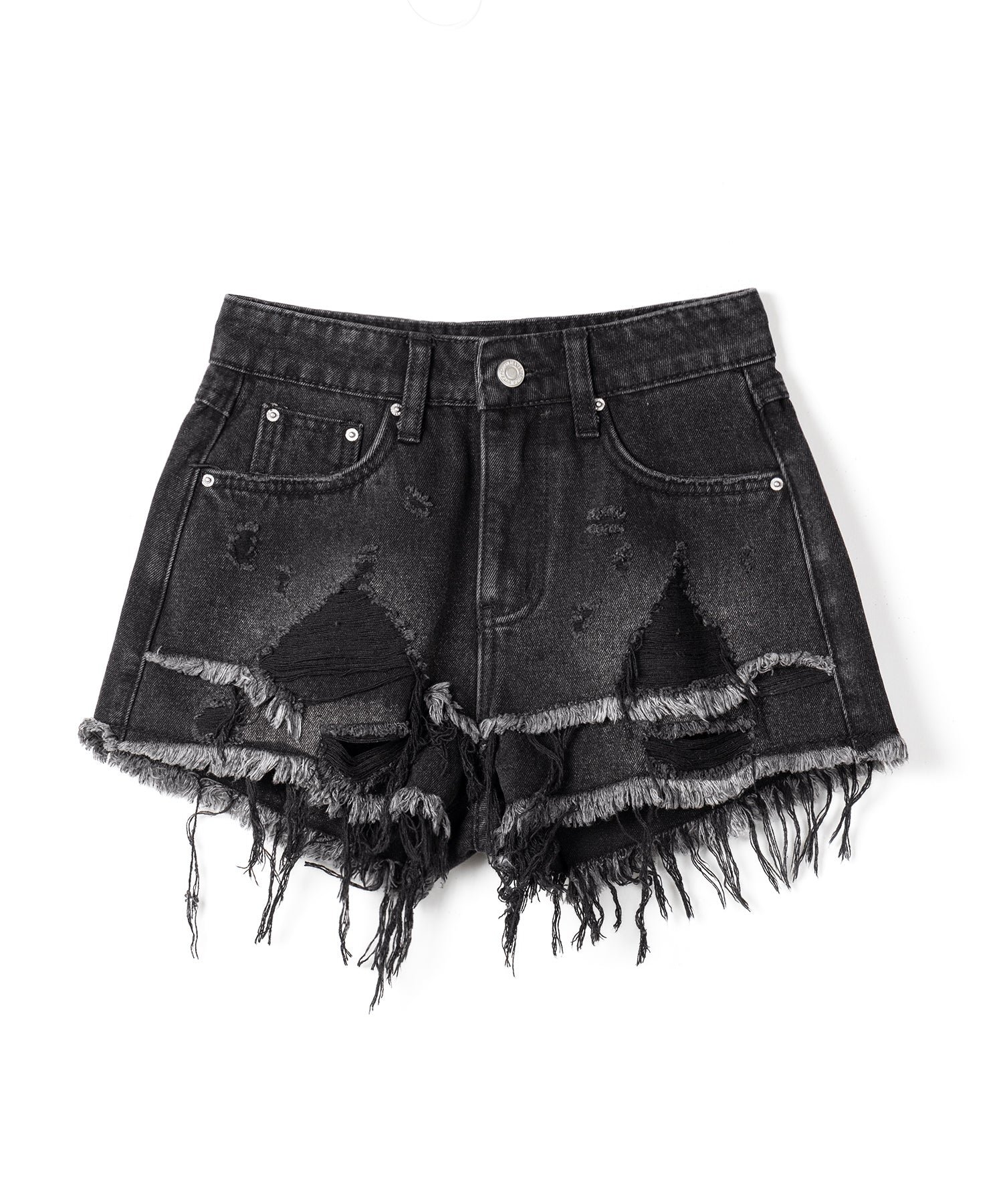 クラッシュダメージダブルフリンジデニムショートパンツ/crash damage double fringe denim short pants