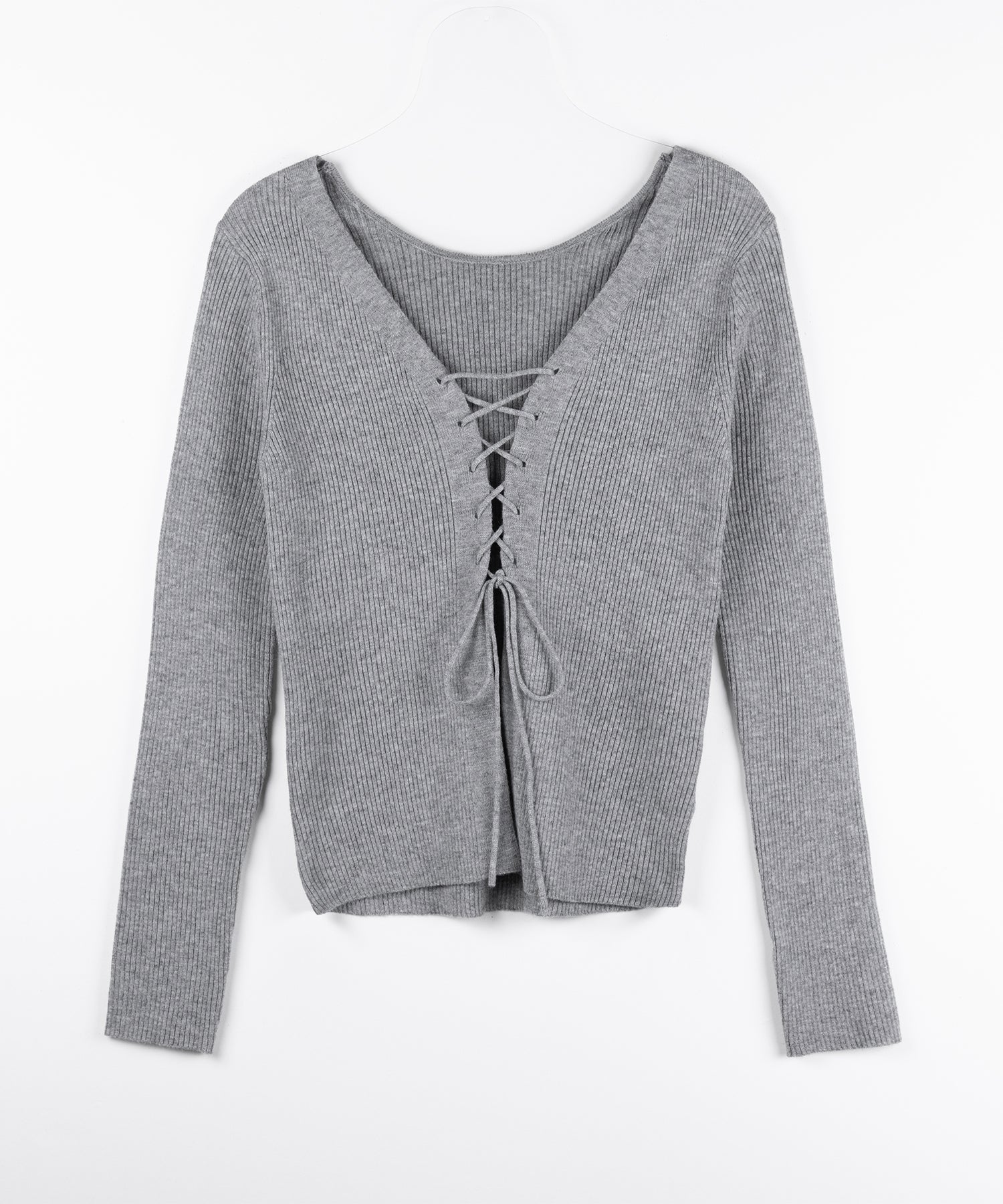 【 3color 】レースアップリボンリブニットカーディガン / lace up ribbon rib knit cardigan