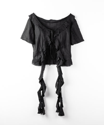 ダメージフリル半袖ショートリボンカーディガン / damage frill short sleeve short ribbon cardigan