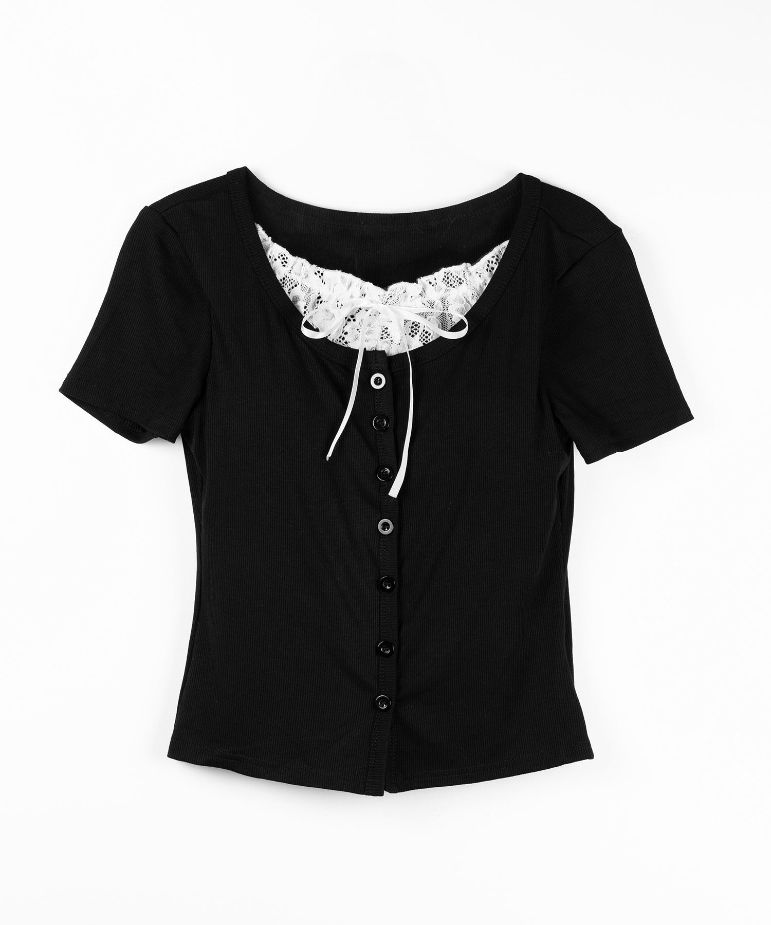フロントリボンレースレイヤード半袖リブトップス /front ribbon lace layered short sleeve rib tops