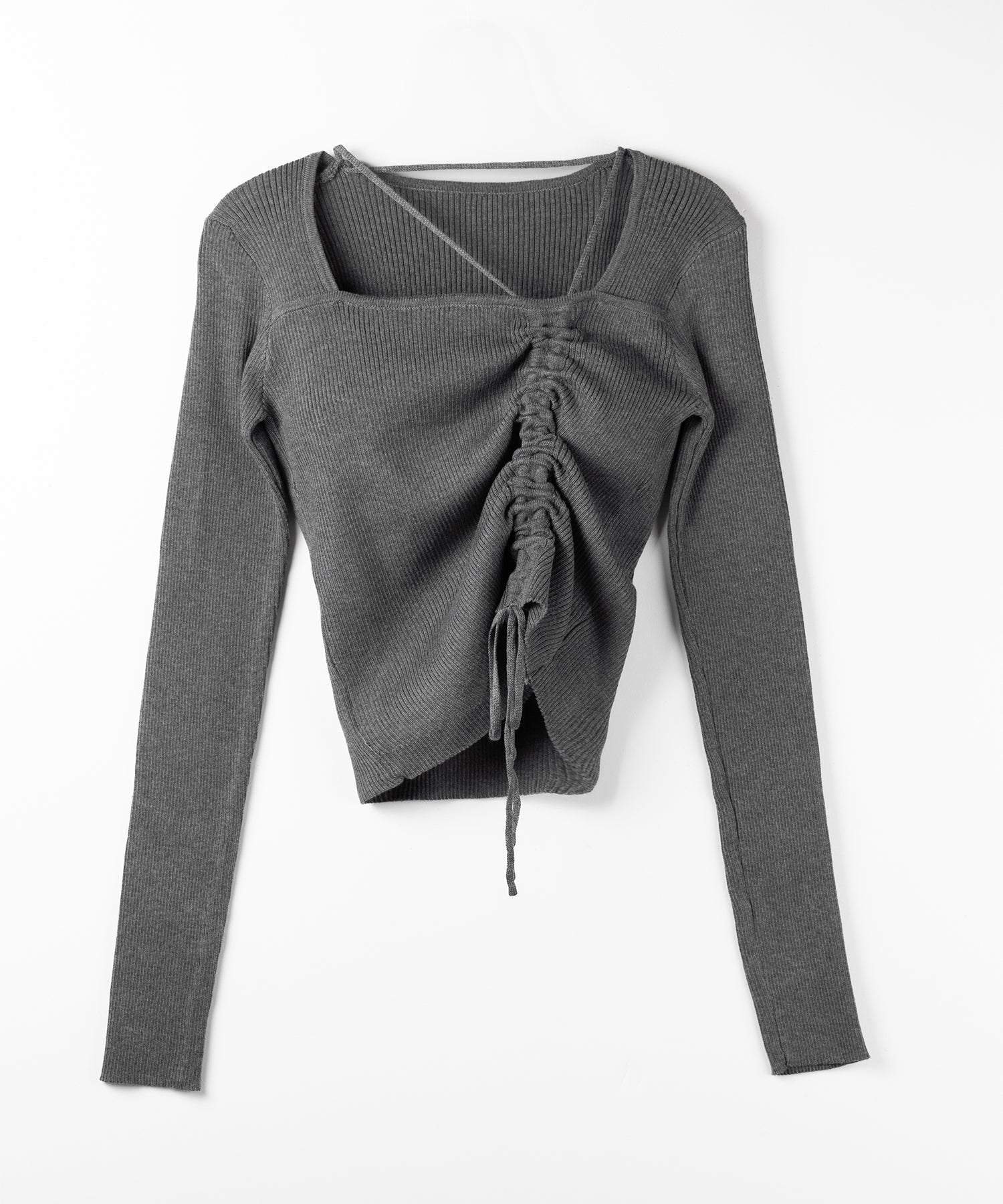 ダブルストラップシャーリングリボンリブニットトップス / double strap shirring ribbon ribbed knit tops