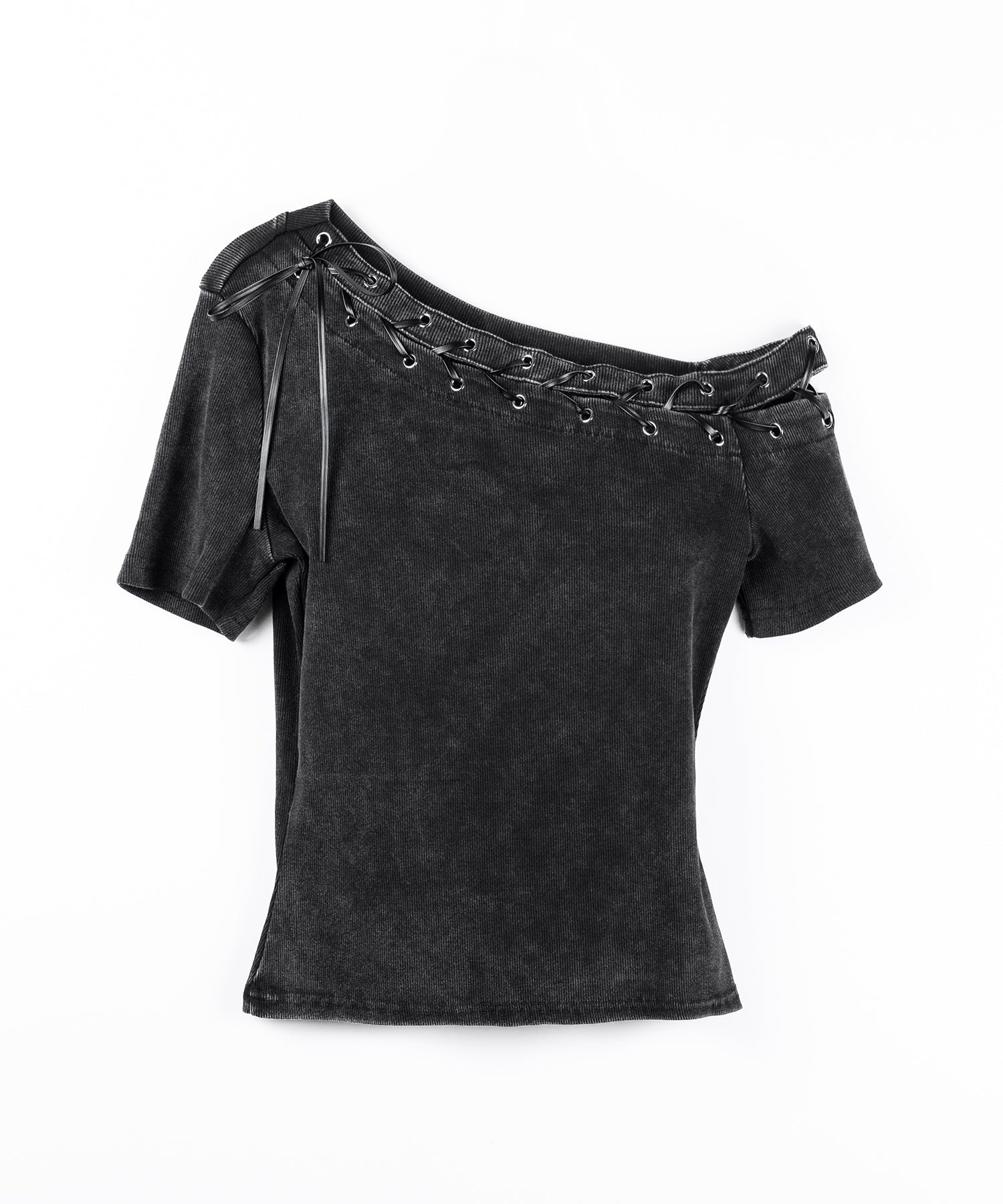 ヴィンテージカットアウトレースアップ半袖ワンショルリブトップス / vintage cutout laceup short sleeve one shoulder lib tops