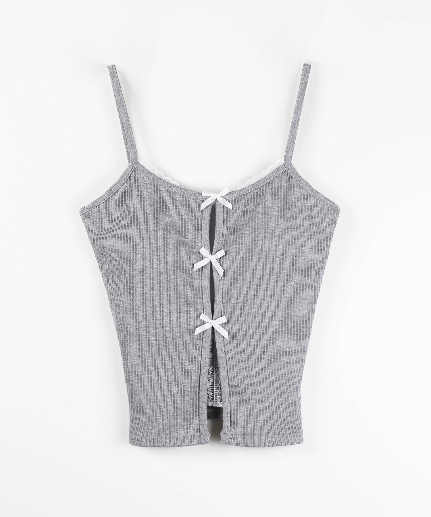 フロントリボンレースレイヤードリブキャミソール /Front ribbon lace layered ribbed camisole