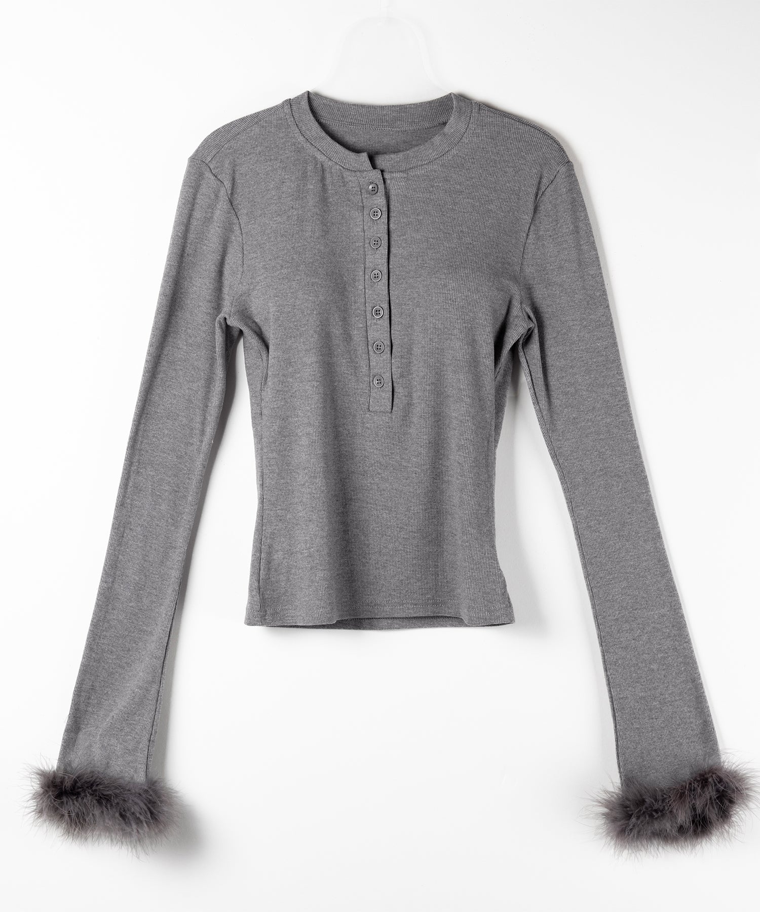 【 2color 】ファースリーブヘンリーネックリブトップス / fur sleeve henley neck lib tops