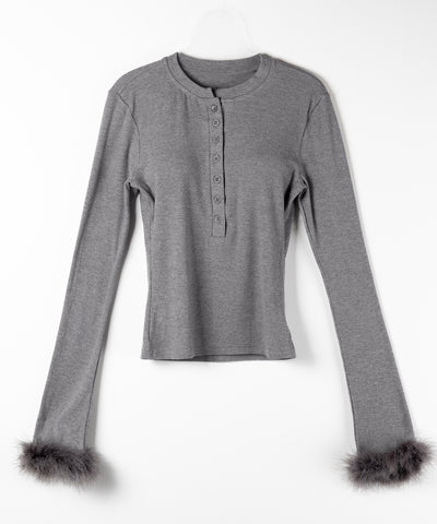 【 2color 】ファースリーブヘンリーネックリブトップス / fur sleeve henley neck lib tops