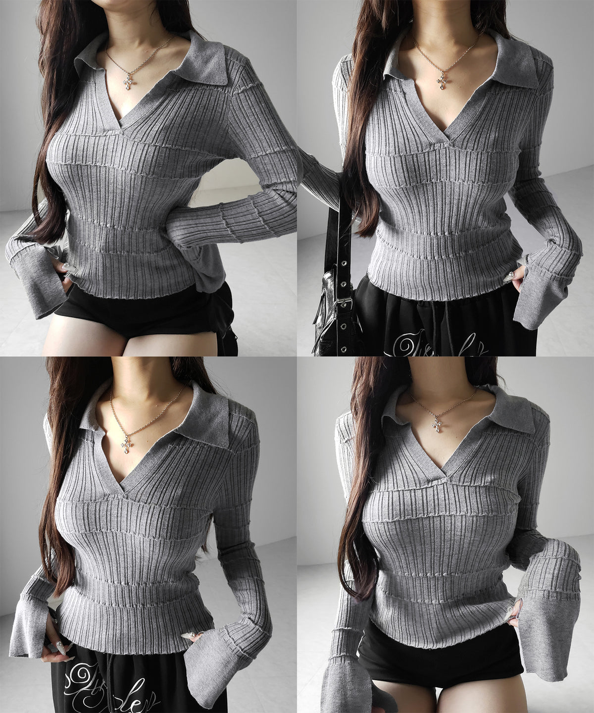 スキッパーネックスリムリブニットトップス / skipper neck slim rib knit tops