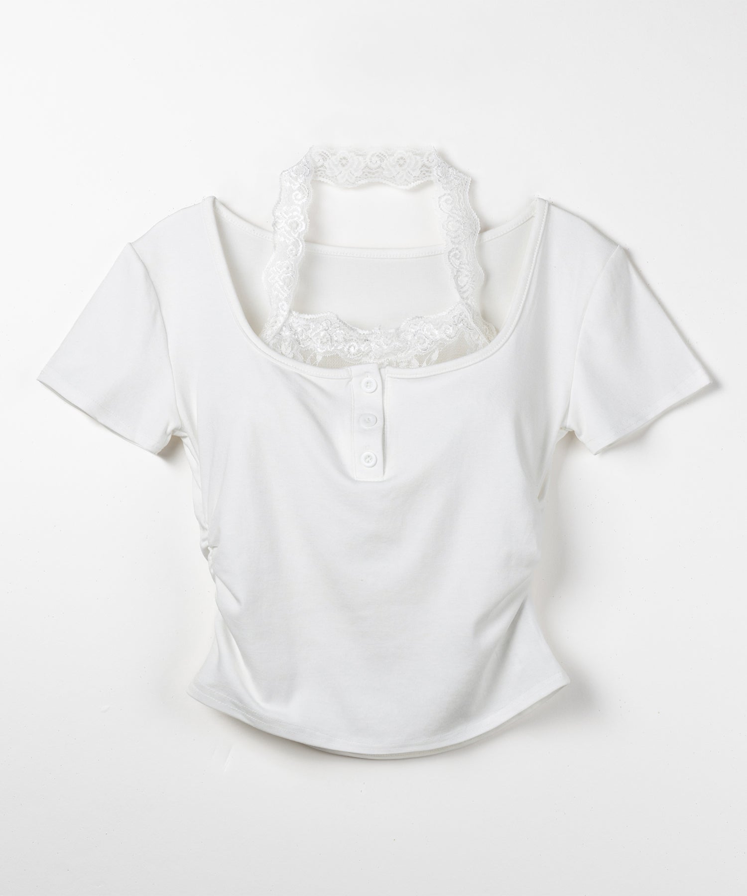 レースレイヤードホルターヘンリーネック半袖Tシャツ / lace layered halter henley neck short sleeve T-shirt