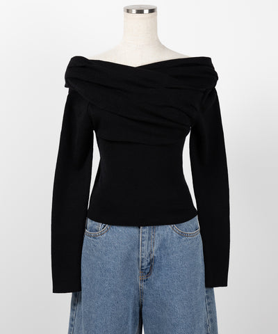 タックデザインドレープオフショルダーリブニット