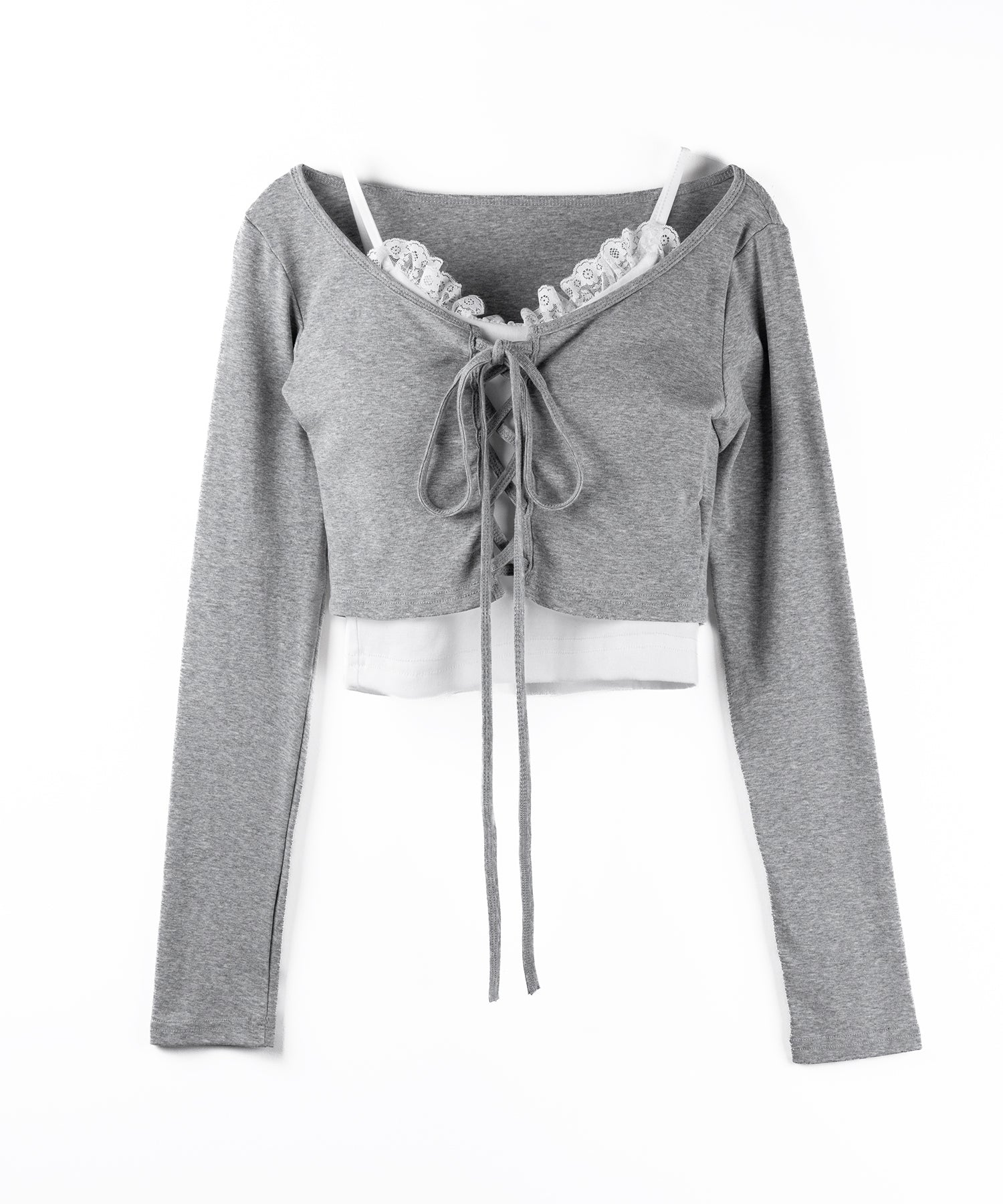 【 新色ピンクが追加!/2点セット 】レースアップリボンショートトップス + レースキャミ SET / lace up ribbon short tops + lace cami SET