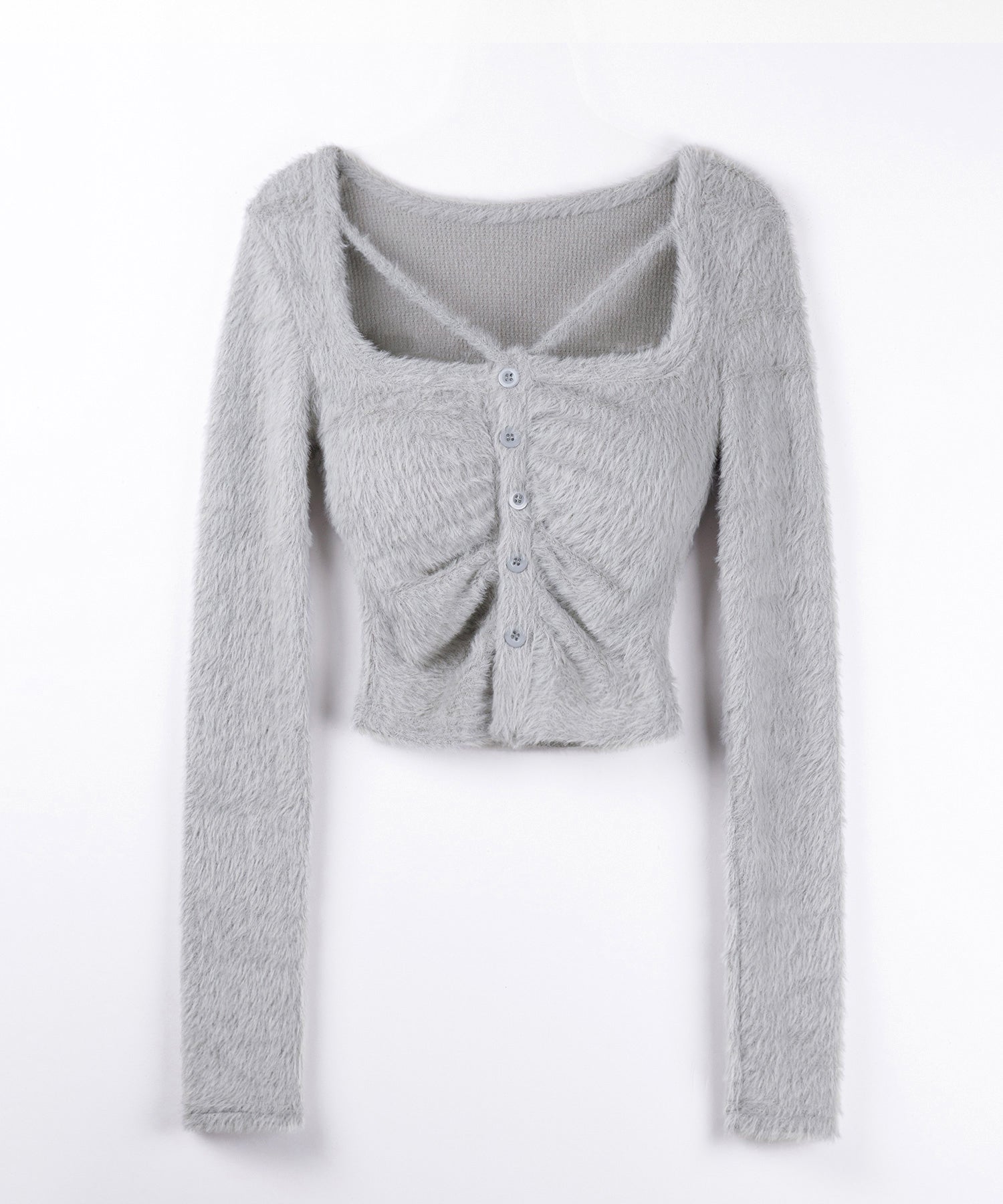 クロスストラップスクエアショートシャギーカーディガン / cross strap square short shaggy cardigan