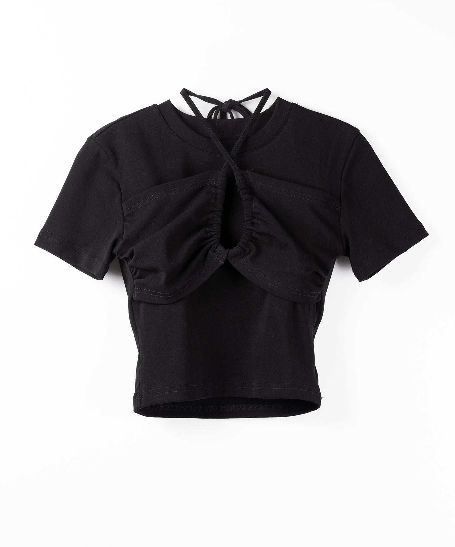 クロスネックレイヤードシャーリングTシャツ / cross neck layered shirring T-shirt