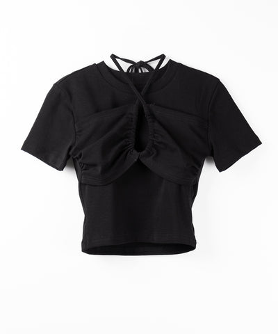 クロスネックレイヤードシャーリングTシャツ / cross neck layered shirring T-shirt