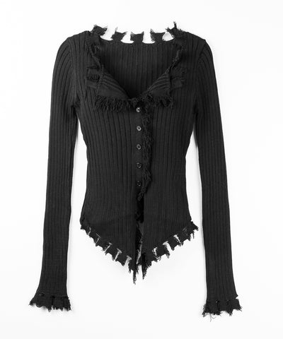 ダメージフリンジリブニットスリムカーディガン / damage fringe rib knit slim cardigan