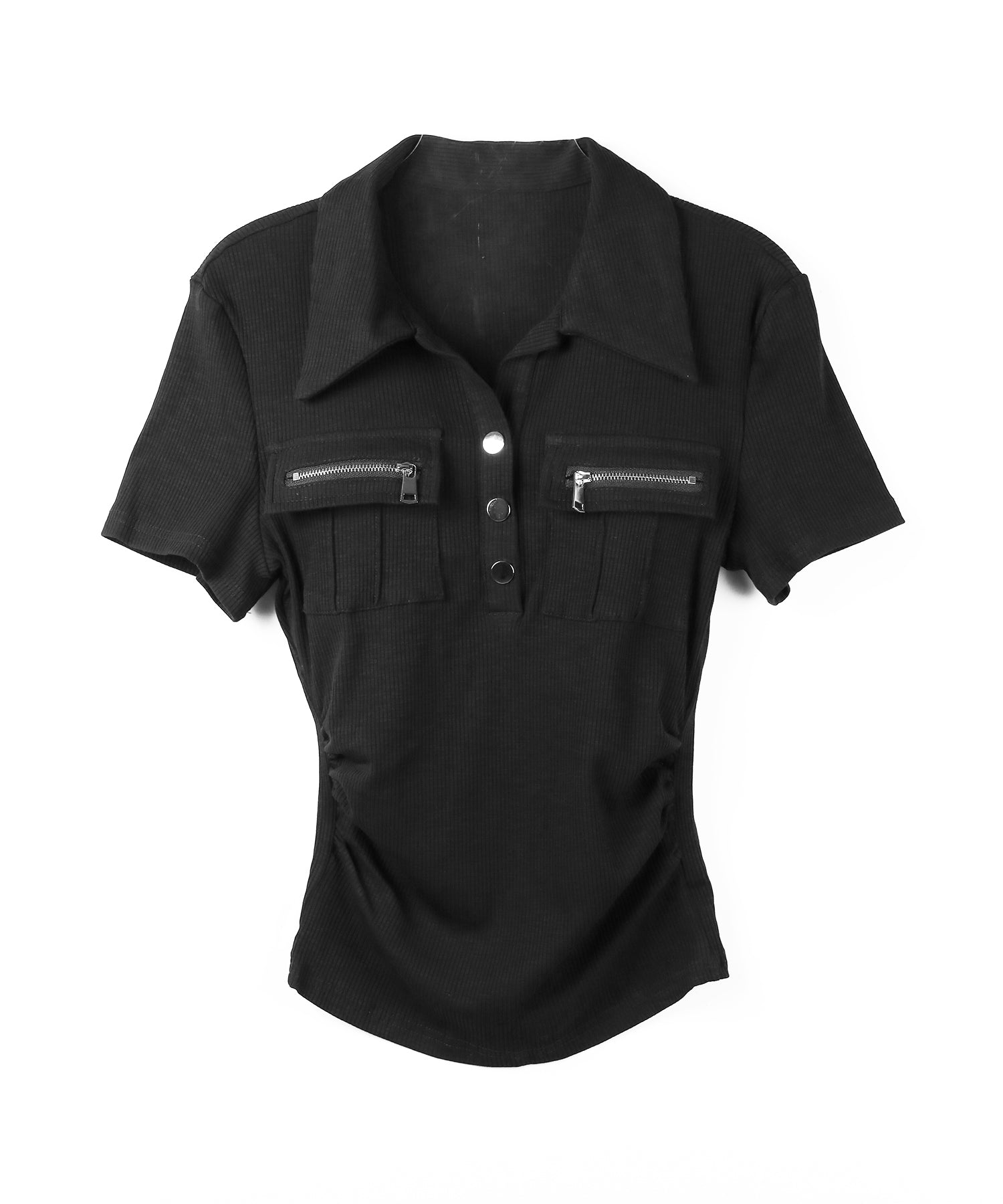 アウトポケットポロネックリブカットソートップス / out pocket polo neck rib cutsew tops