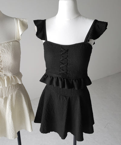 【 レディース水着/2点セット 】レースアップショルダーフリルハイウエストフレアビキニ / lace-up shoulder frill high waist flare bikini