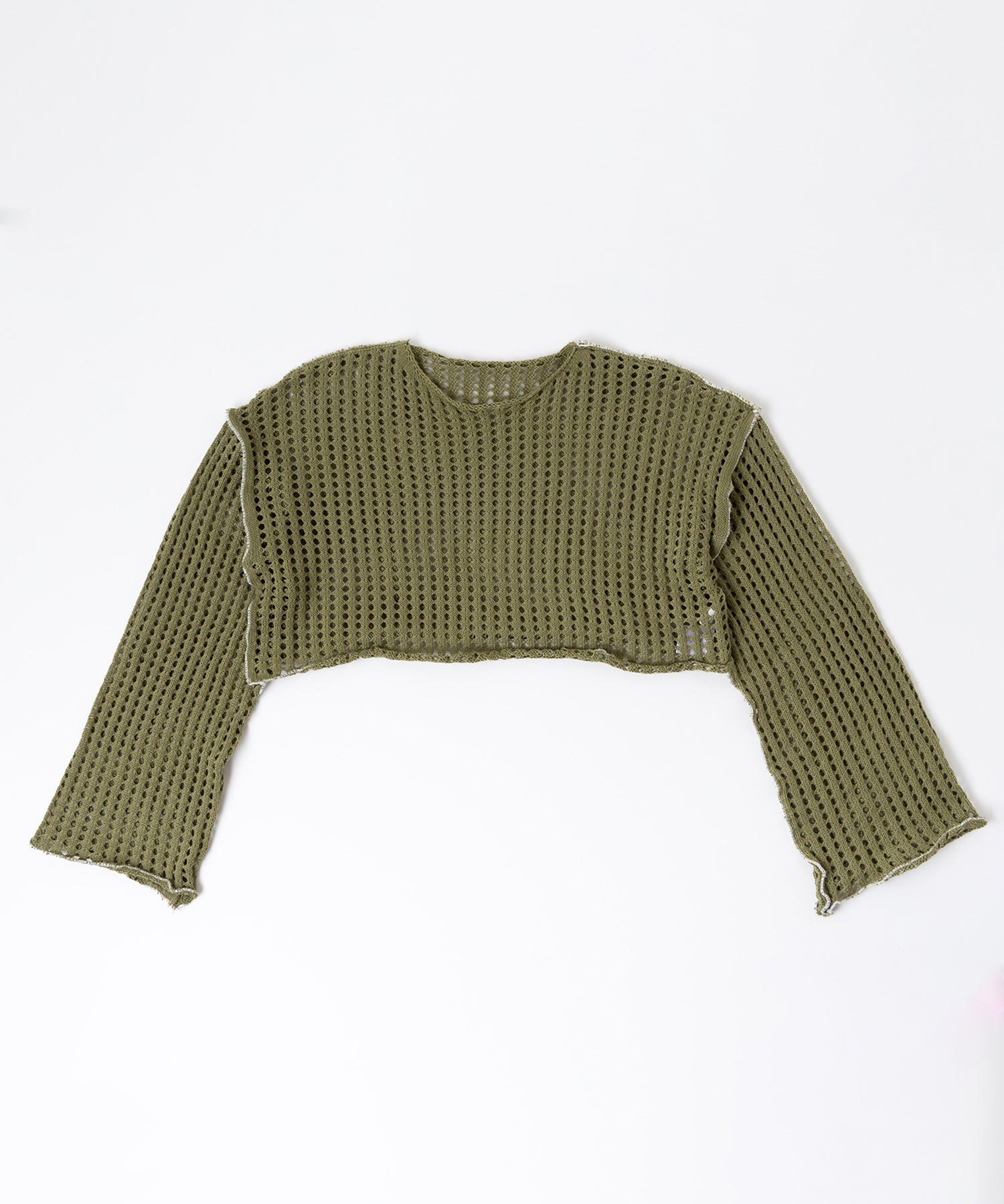 【 6color 】ワイドスリーブステッチクロシェショートニット