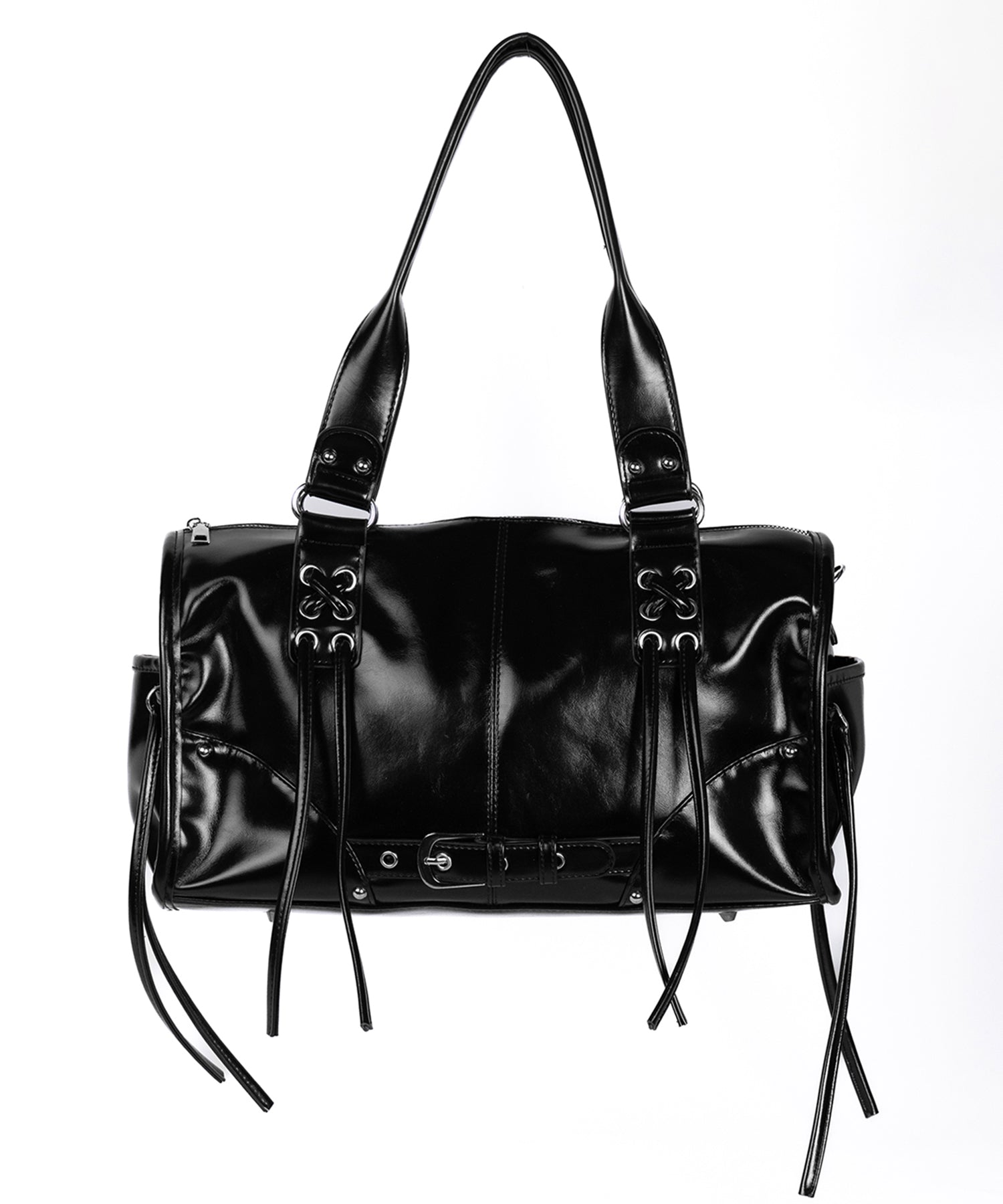 【 ショルダーストラップ付き2WAY 】レースアップベルテッドフリンジボストンショルダーバッグ/lace up belted fringe boston shoulder bag