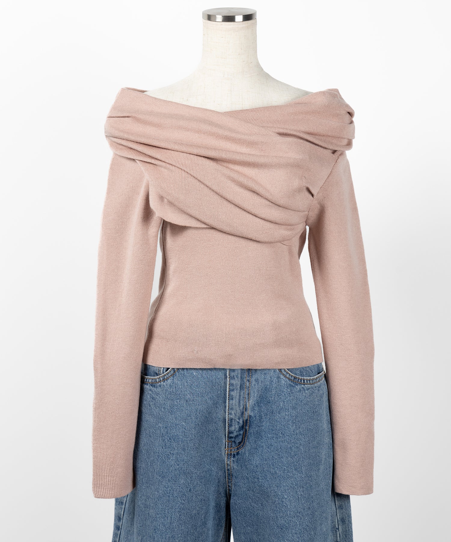 タックデザインドレープオフショルダーリブニット