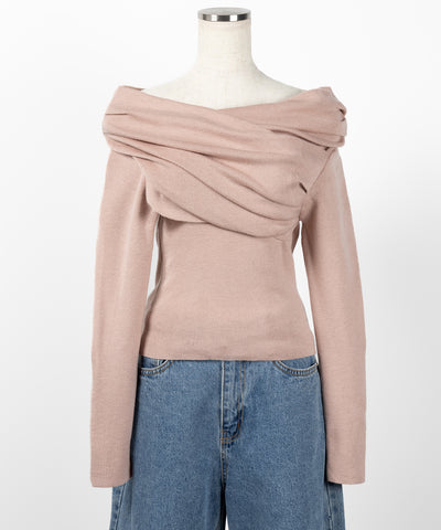 タックデザインドレープオフショルダーリブニット