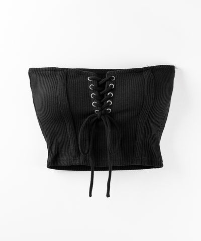 【カップ付き 】レースアップコルセットリボンショートリブベアトップ / laceup corset ribbon short ribbed bare top