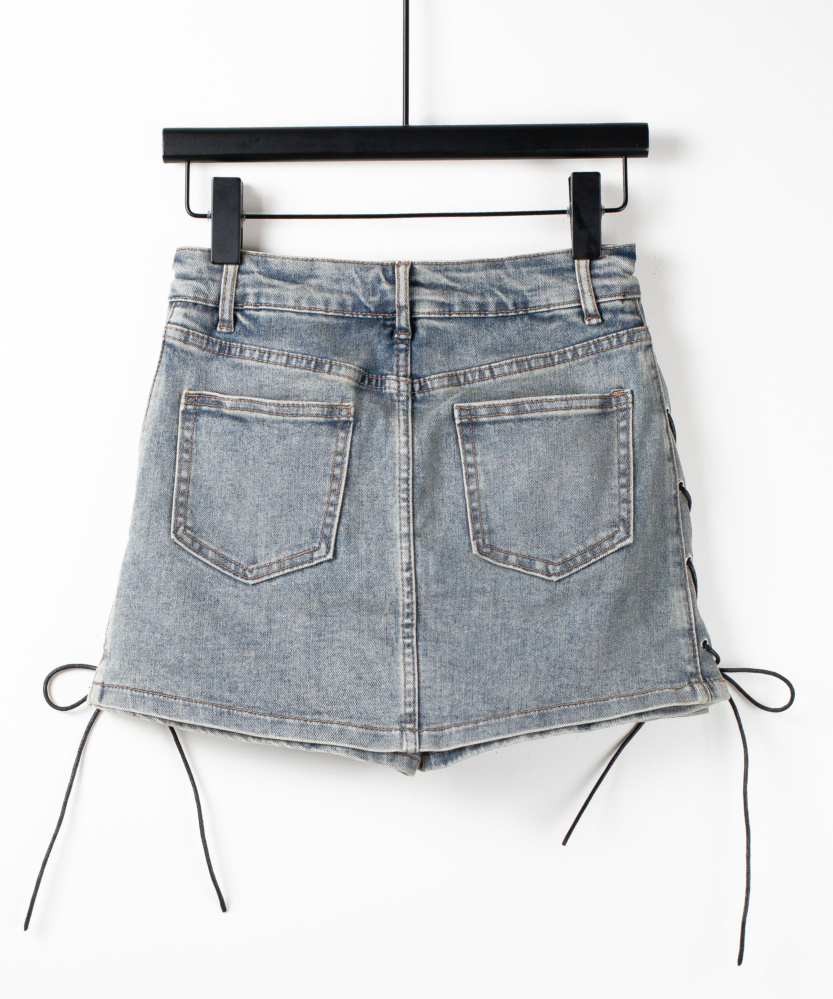 レースアップストレッチデニムミニスカパン / lace up stretch denim mini skirt pants